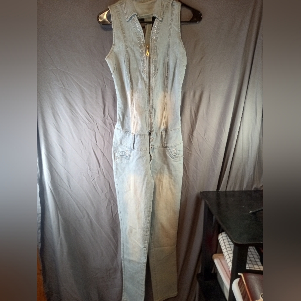 Silver Diva Zipper Sleeveless Denim Juniors Jumpsuit With Open Back